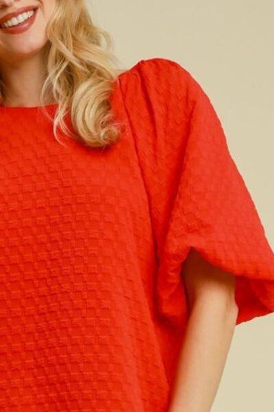Umgee Full Size Boxy Cut Jacquard Round Neck Top with Side Slit Plus Size - Clothes For Her Online Store