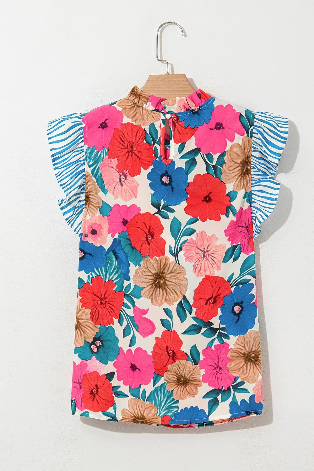 Floral Mock Neck Striped Cap Sleeve Blouse