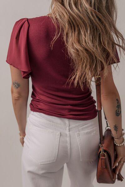 Mesh Short Sleeve Slim V-Neck Top - Clothes For Her Online Store