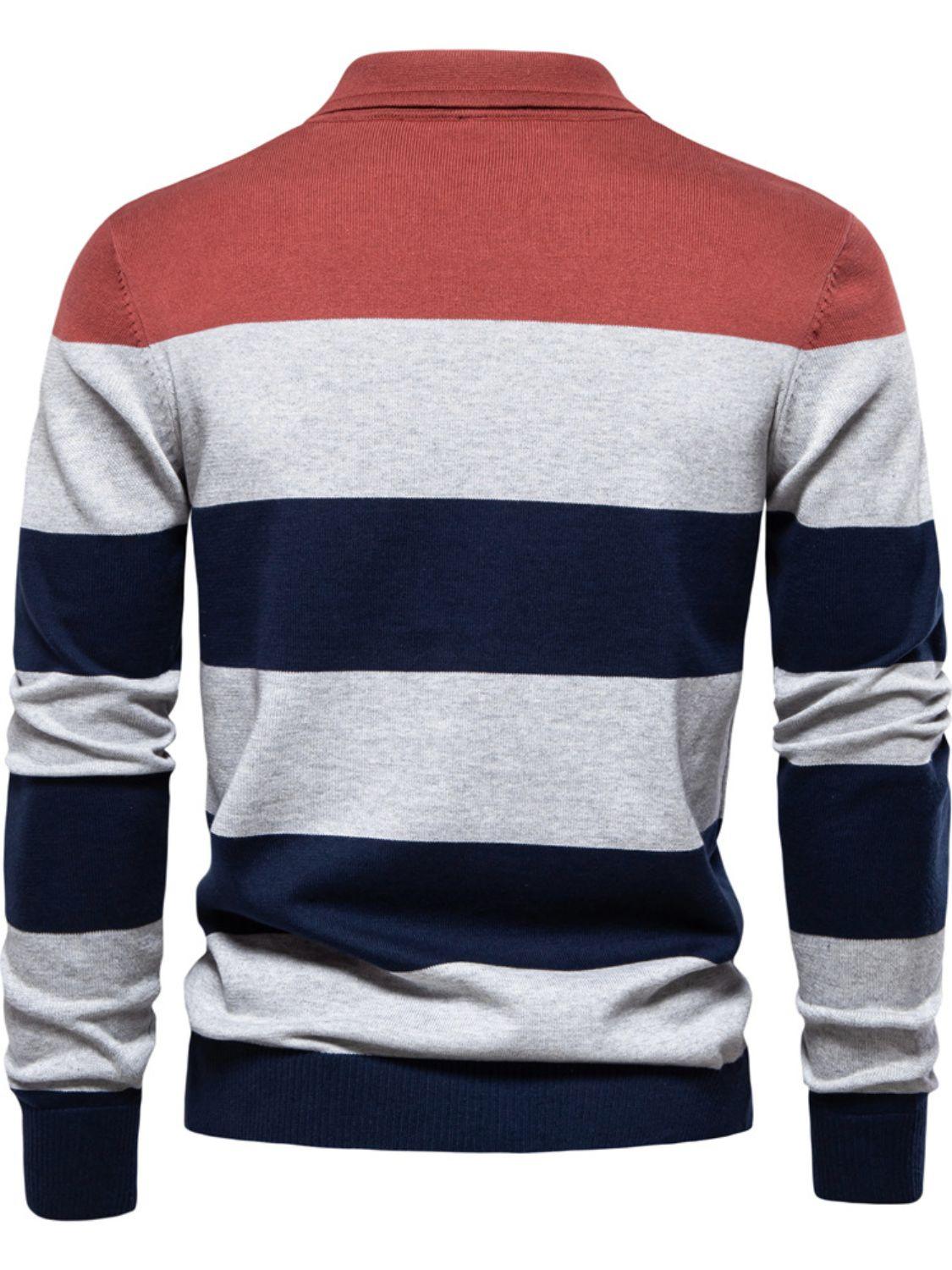 Men's Striped Long Sleeve Knit Polo - Clothes For Her Online Store
