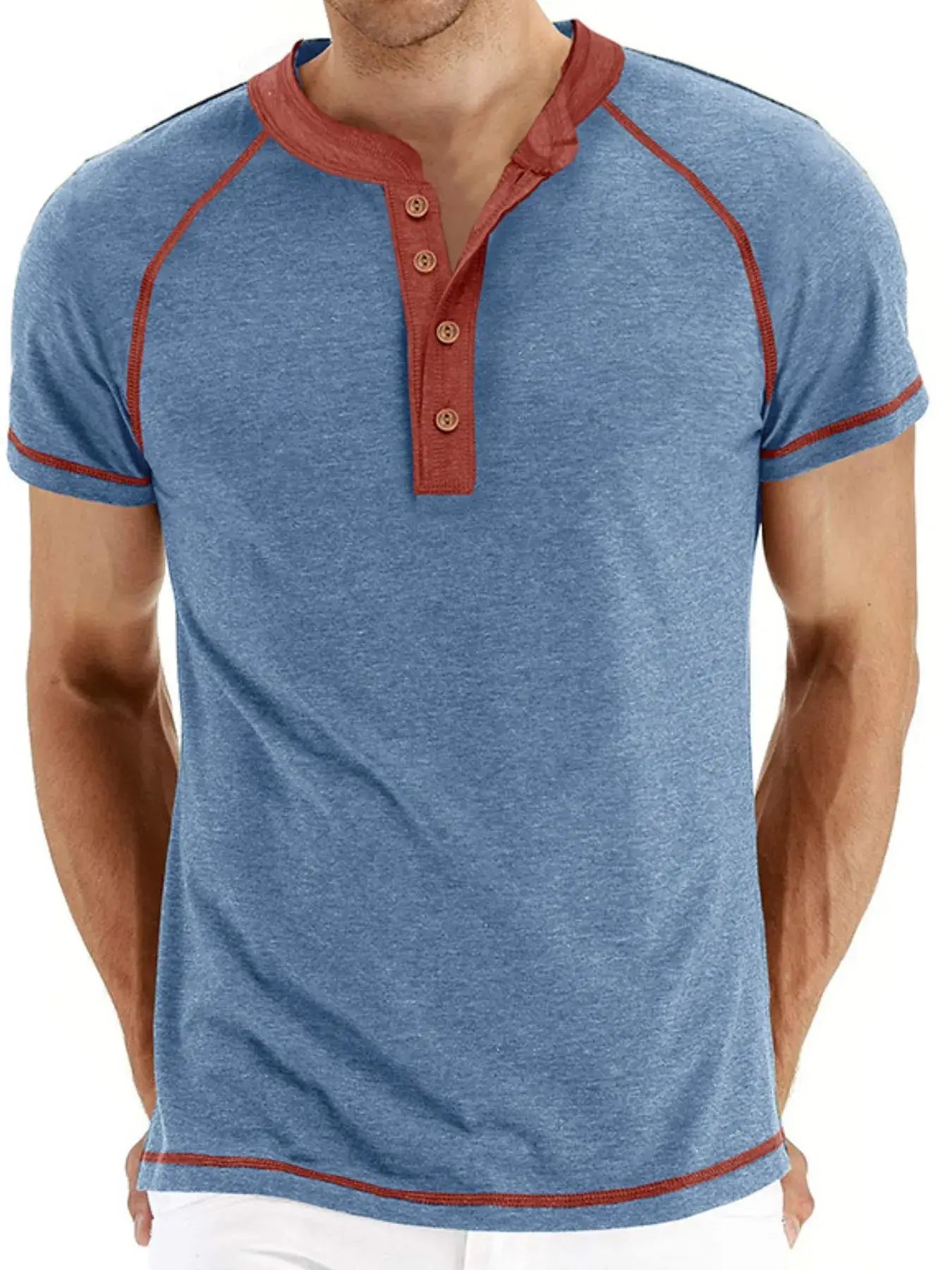 Men's Casual Henley Polo T-Shirt with Contrast Stitching