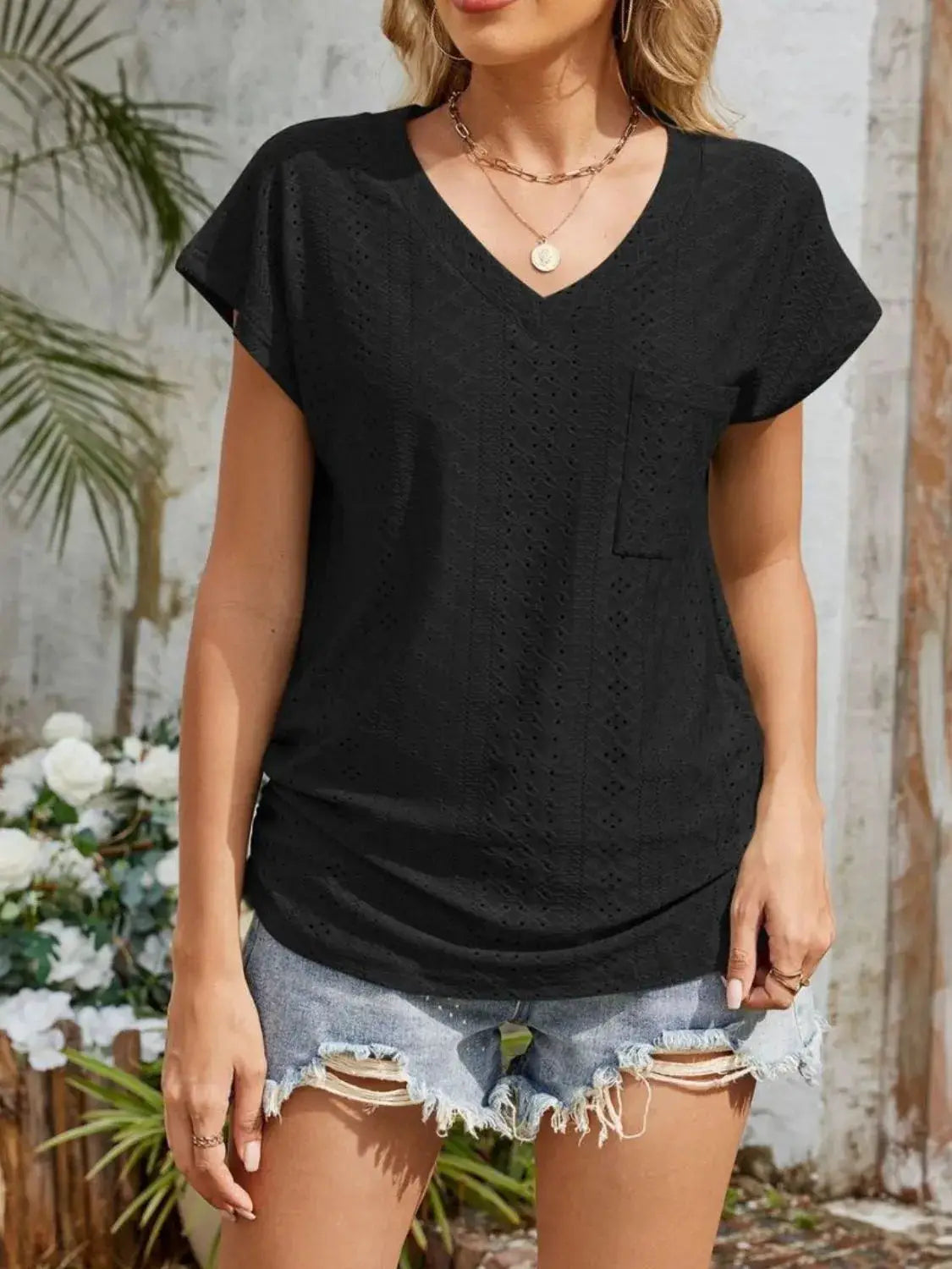 Eyelet V-Neck Short Sleeve Top - Clothes For Her Online Store