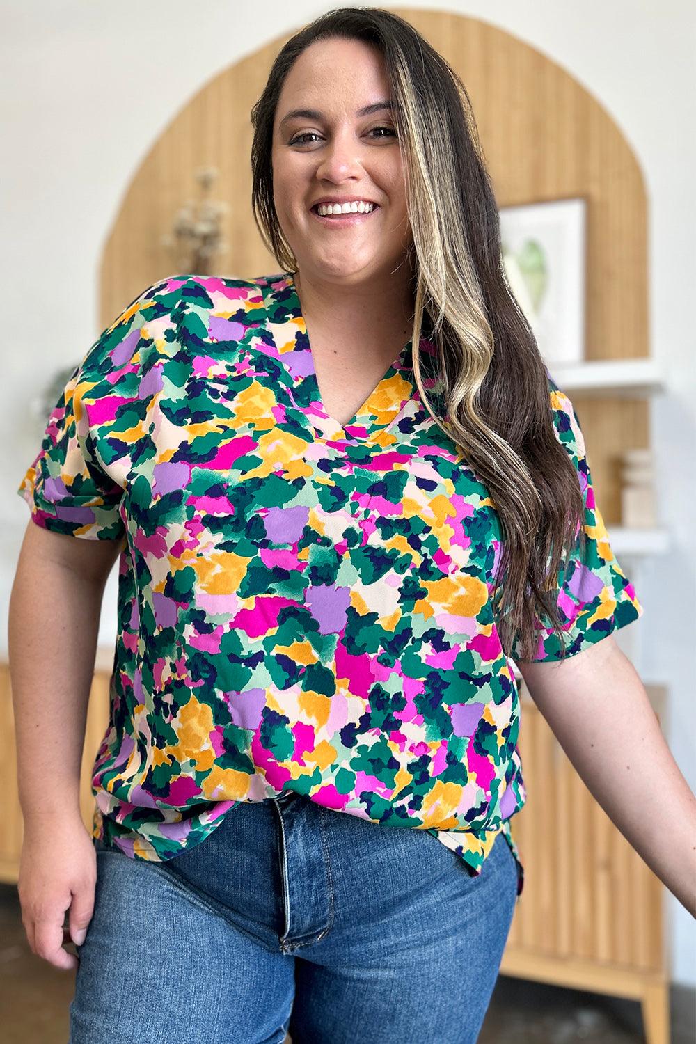 Double Take Full Size Printed V-Neck Short Sleeve Side Slit Top - Clothes For Her Online Store