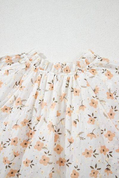 Frill Printed Notched Short Sleeve Blouse - Clothes For Her Online Store