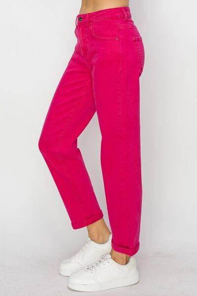 RISEN High Waist Rolled Hem Straight Jeans - Clothes For Her Online Store