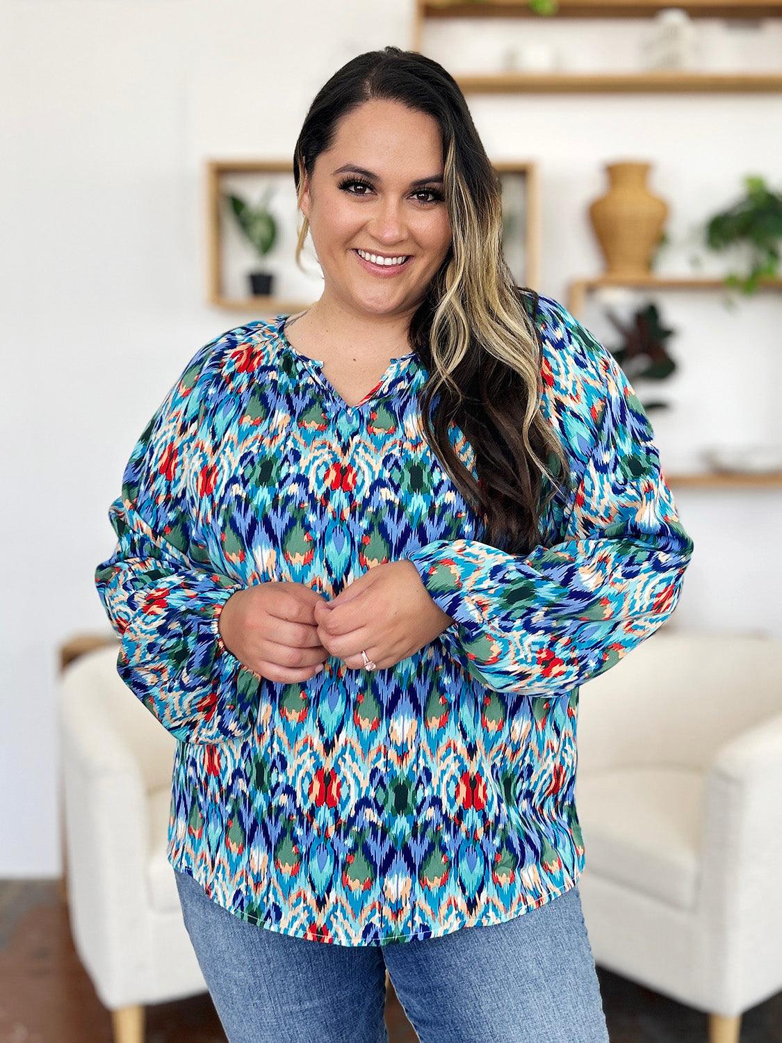 Double Take Full Size Printed Balloon Sleeve Blouse - Clothes For Her Online Store