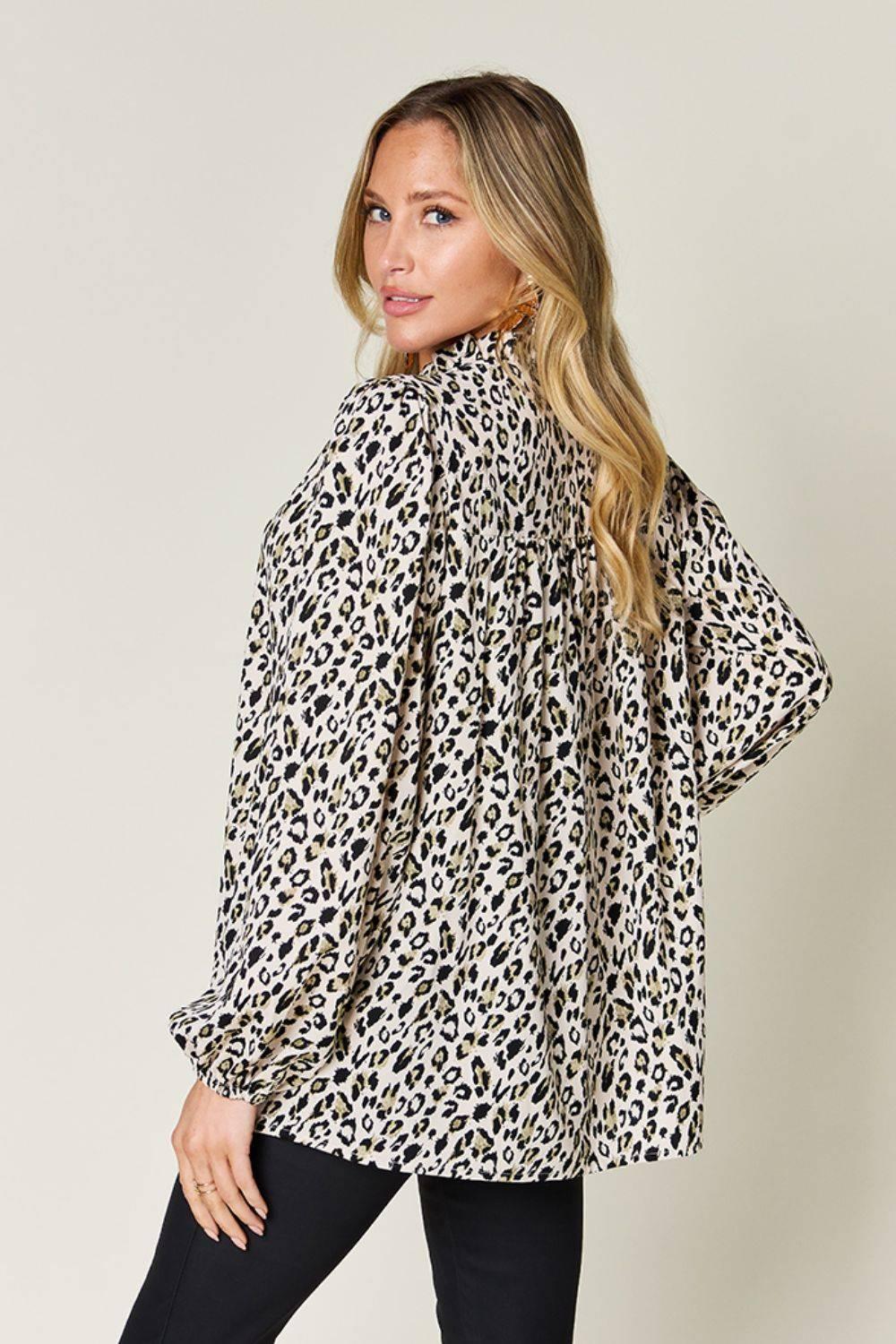 Double Take Full Size Leopard Long Sleeve Blouse - Clothes For Her Online Store