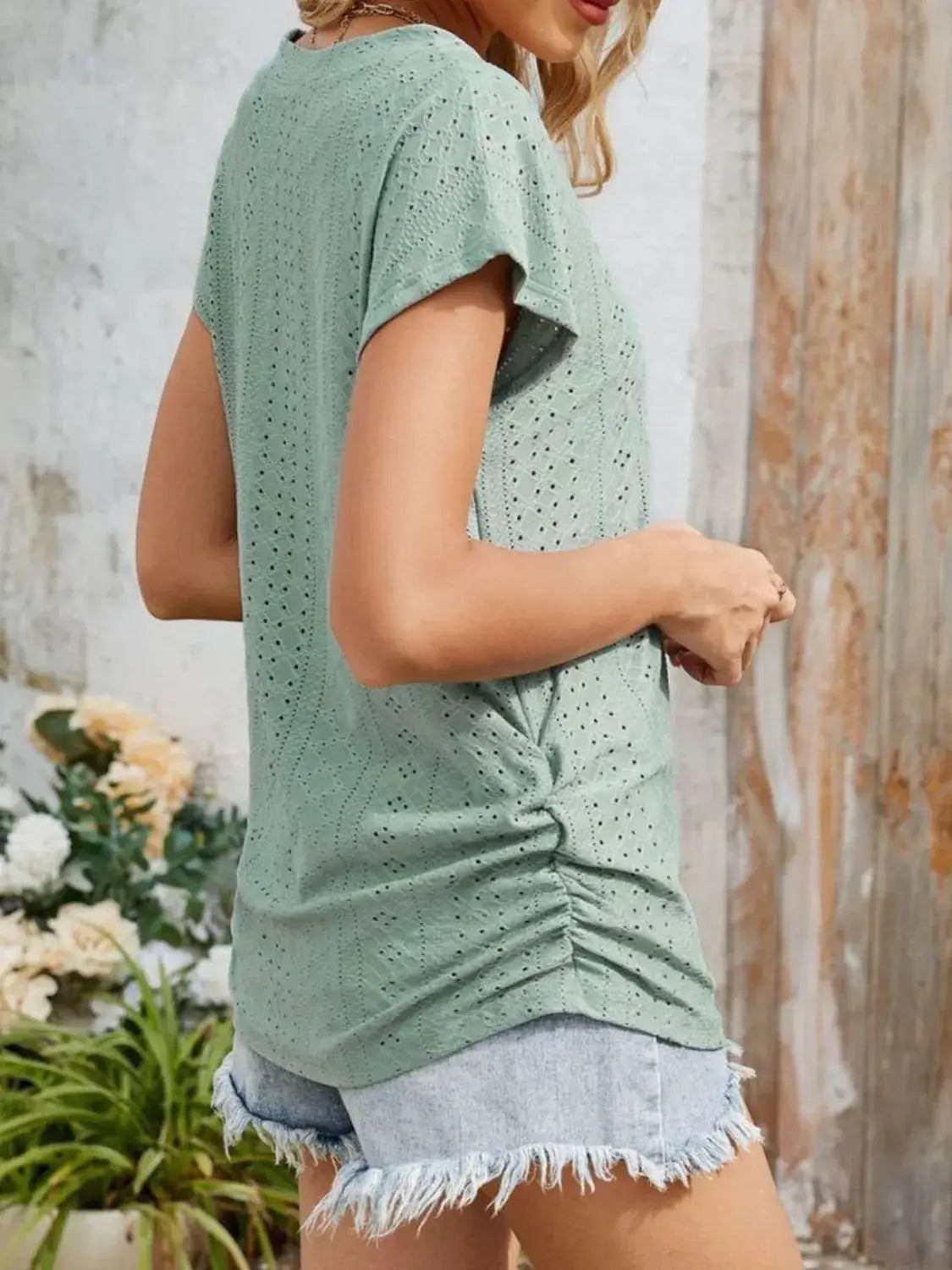 Eyelet V-Neck Short Sleeve Top - Clothes For Her Online Store