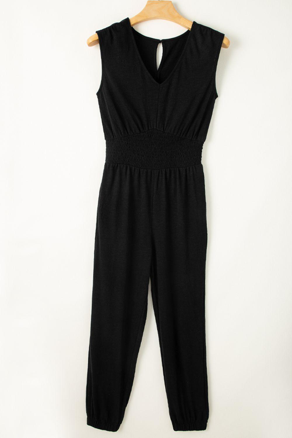 Smocked Sleeveless V Neck Jumpsuit - Clothes For Her Online Store