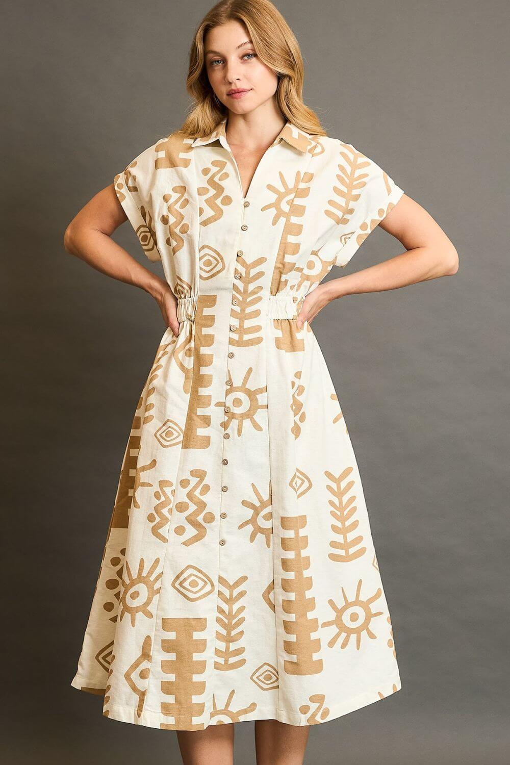 Umgee Full Size Abstract Print Elastic Waist Midi Dress Plus Size