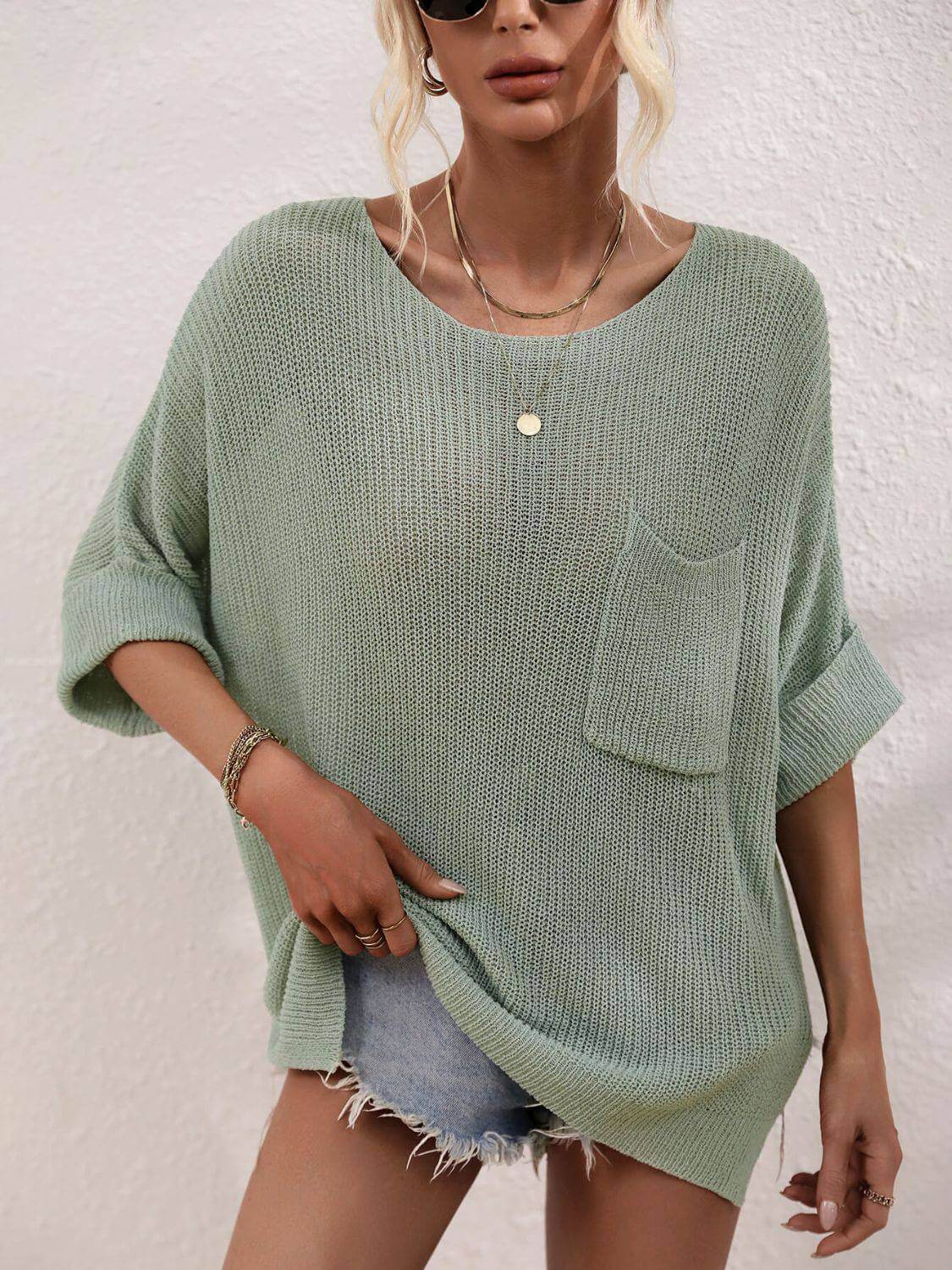 Boat Neck Cuffed Sleeve Slit Tunic Knit Top - Clothes For Her Online Store