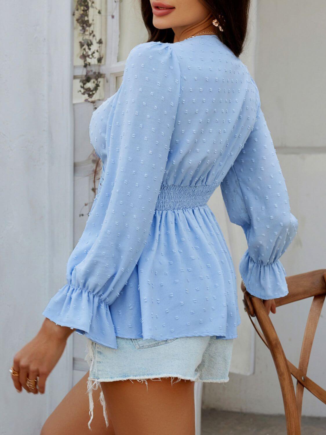 Devine Swiss Dot Lace Detail Surplice Flounce Sleeve Blouse - Clothes For Her Online Store