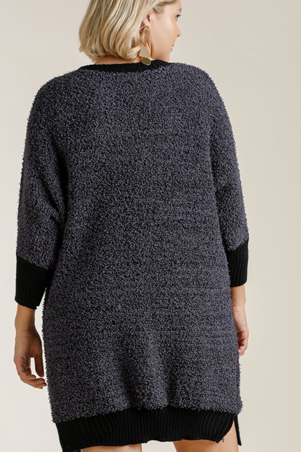 Umgee Full Size Ribbed Hem Round Neck 3/4 Sleeve Sweater Dress with Pockets Plus Size - Clothes For Her Online Store