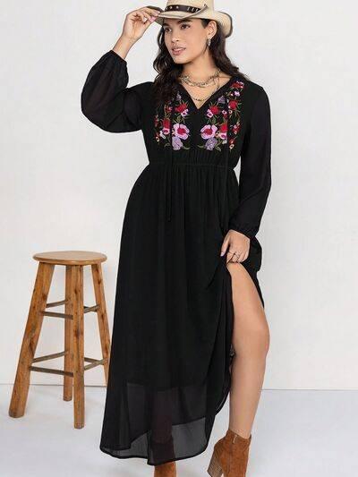 Plus Size Embroidered Tie Neck Long Sleeve Dress - Clothes For Her Online Store