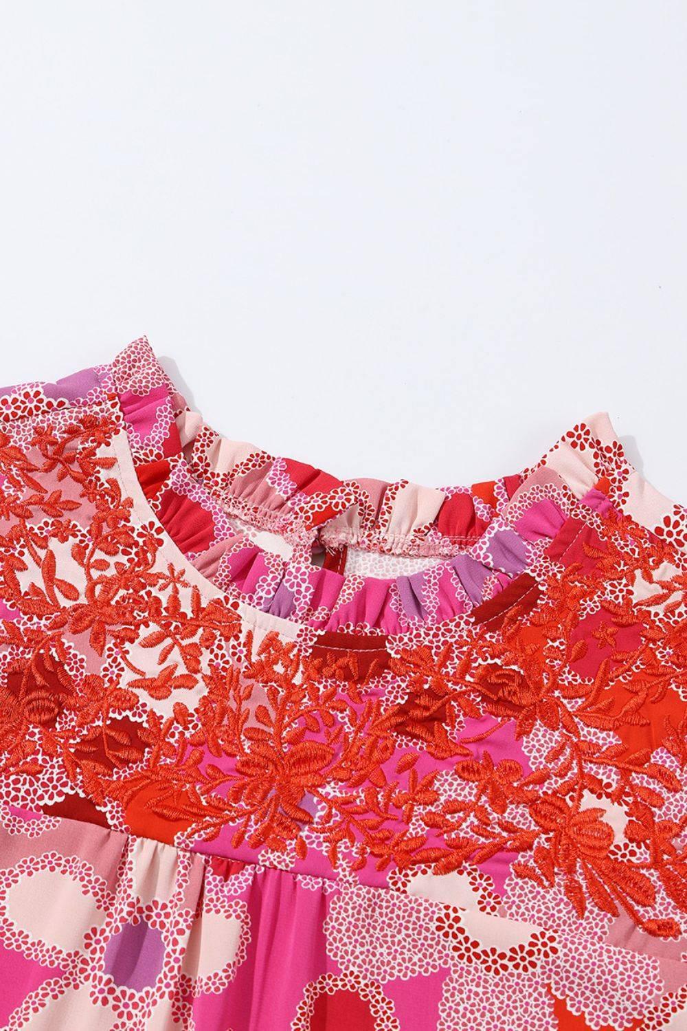 Embroidered Detail Floral Ruffle Cap Sleeve Blouse - Clothes For Her Online Store