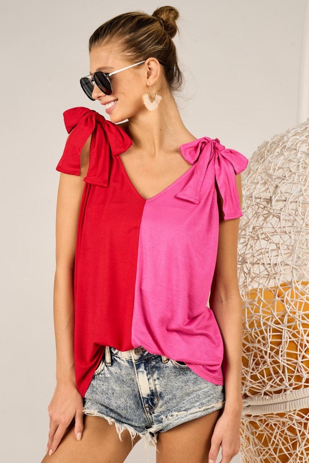 BiBi Shoulder Ribbon Tied Contrast Tank - Clothes For Her Online Store