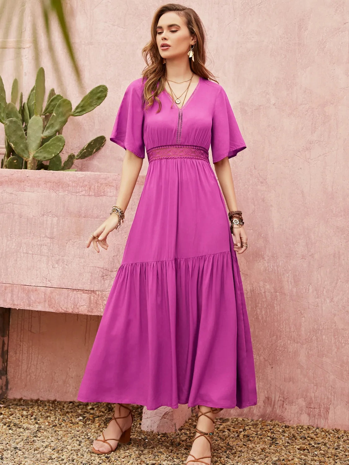 Lace Detail V-Neck Short Sleeve Midi Dress