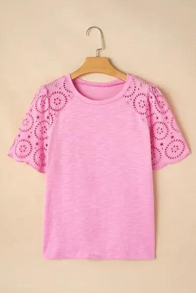 Eyelet Embroidery Scalloped Sleeve Round Neck Top - Clothes For Her Online Store
