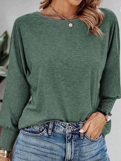 Round Neck Smocked Lantern Sleeve T-Shirt - Clothes For Her Online Store