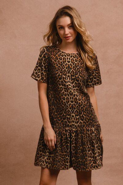 BiBi Tie Back Leopard Round Neck Short Sleeve Dress - Clothes For Her Online Store