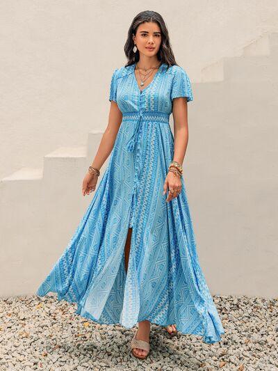 Printed Button Down Short Sleeve Maxi Dress - Clothes For Her Online Store