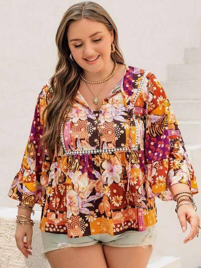 Plus Size Printed Tie Neck Blouse - Clothes For Her Online Store