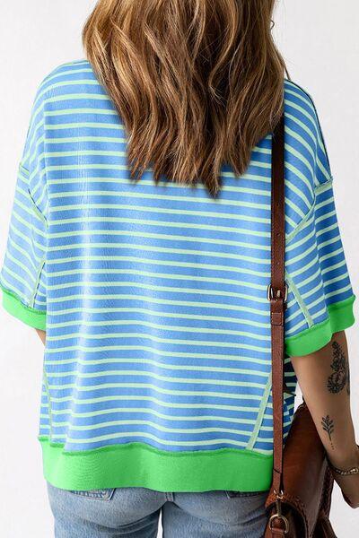 Stripe Oversized Contrast Trim Exposed Seam High Low T Shirt - Clothes For Her Online Store