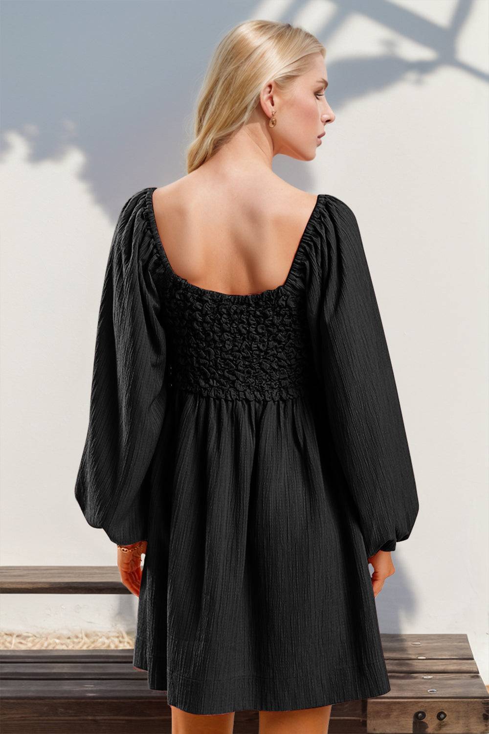 Double Take Texture Smocked Balloon Sleeve Mini Dress - Clothes For Her Online Store