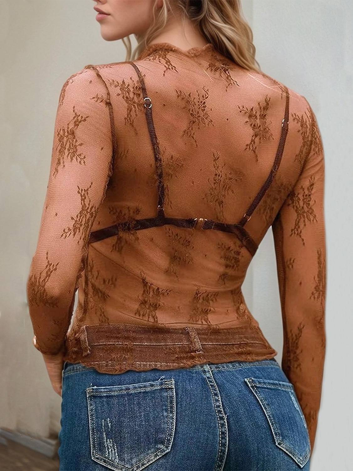 Floral Mock Neck Long Sleeve Mesh Top - Clothes For Her Online Store