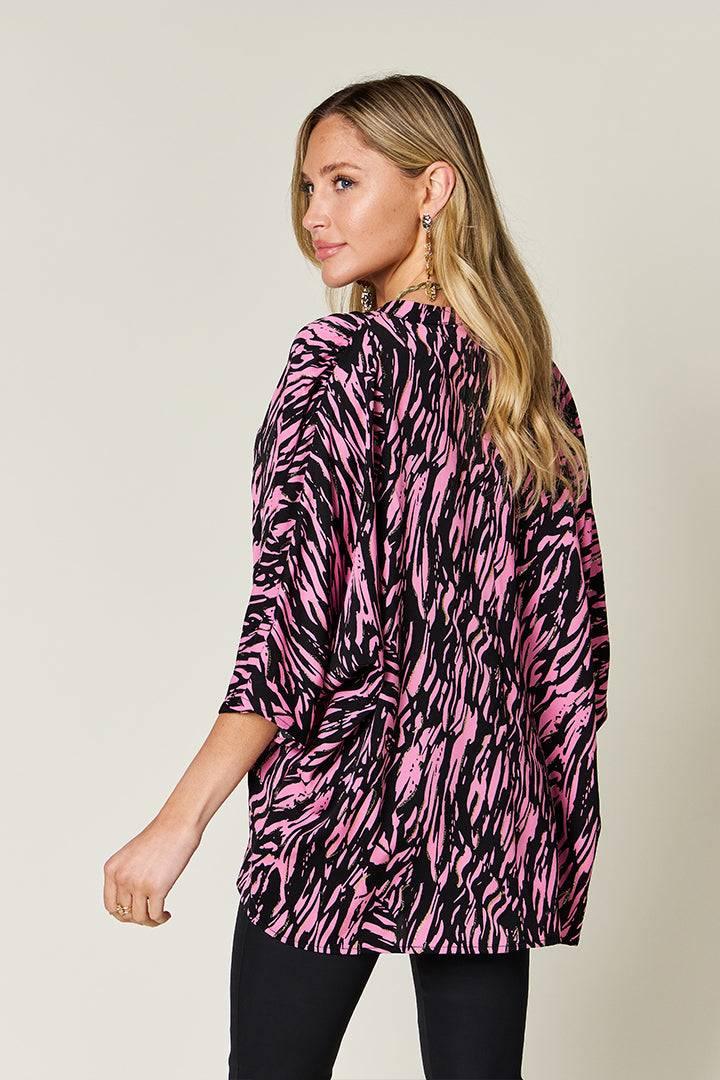 Double Take Full Size Printed Notched Three-Quarter Sleeve Blouse - Clothes For Her Online Store