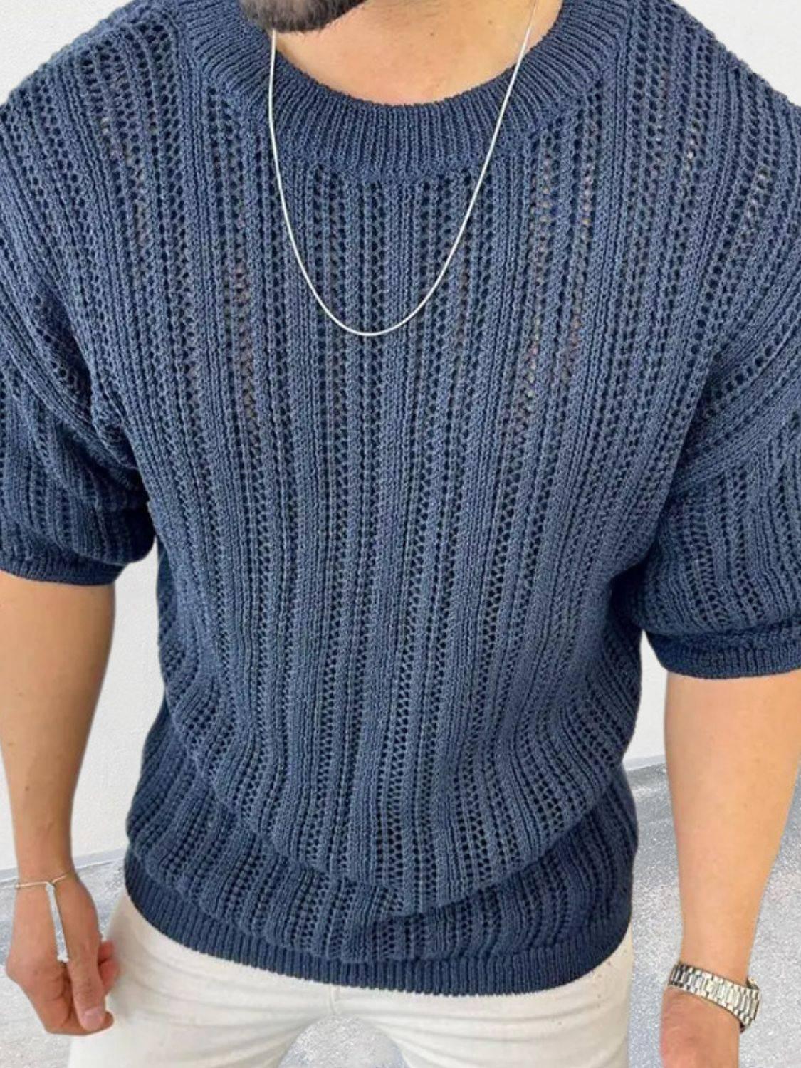 Men's Openwork Round Neck Knit T-Shirt - Clothes For Her Online Store