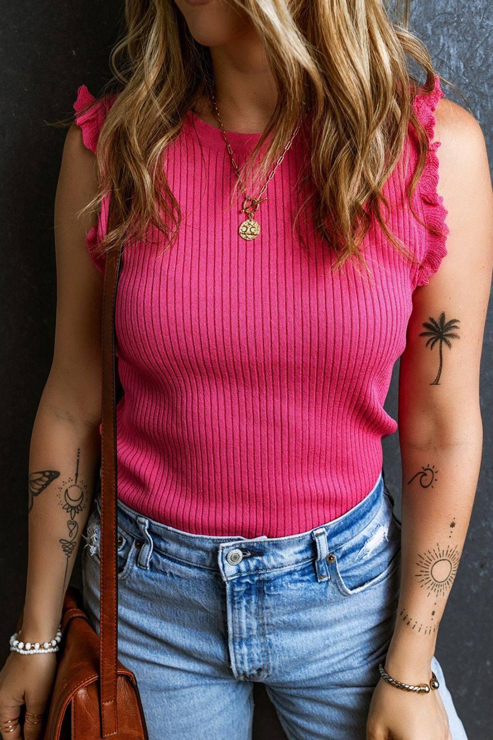 Ribbed Ruffled Round Neck Sweater Tank - Clothes For Her Online Store