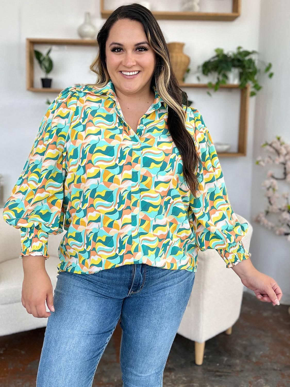 Double Take Full Size Printed Smocked Long Sleeve Blouse - Clothes For Her Online Store