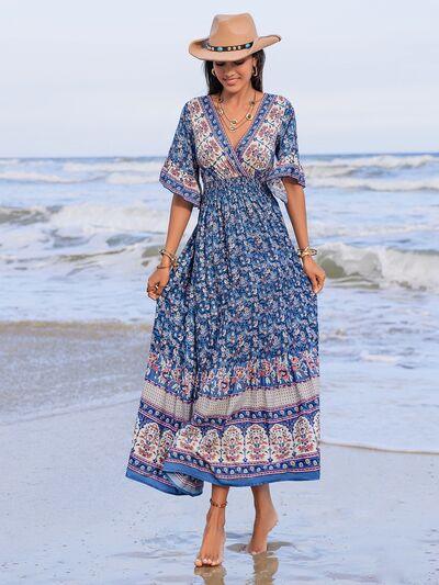 Ruched Printed Flounce Sleeve Midi Dress - Clothes For Her Online Store