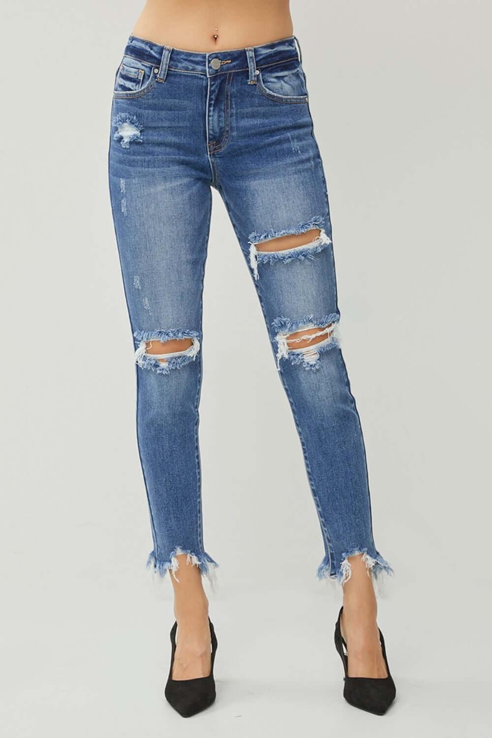 RISEN Distressed Frayed Hem Slim Jeans - Clothes For Her Online Store