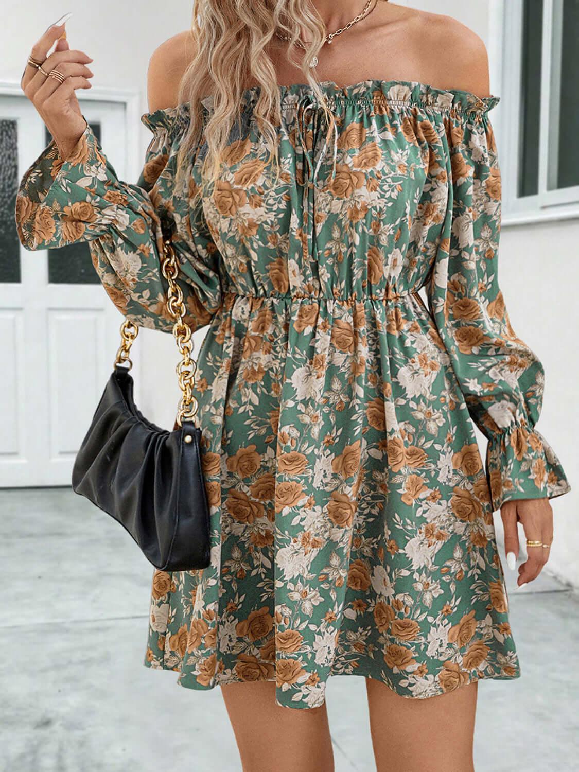 Floral Off-Shoulder Flounce Sleeve Dress - Clothes For Her Online Store