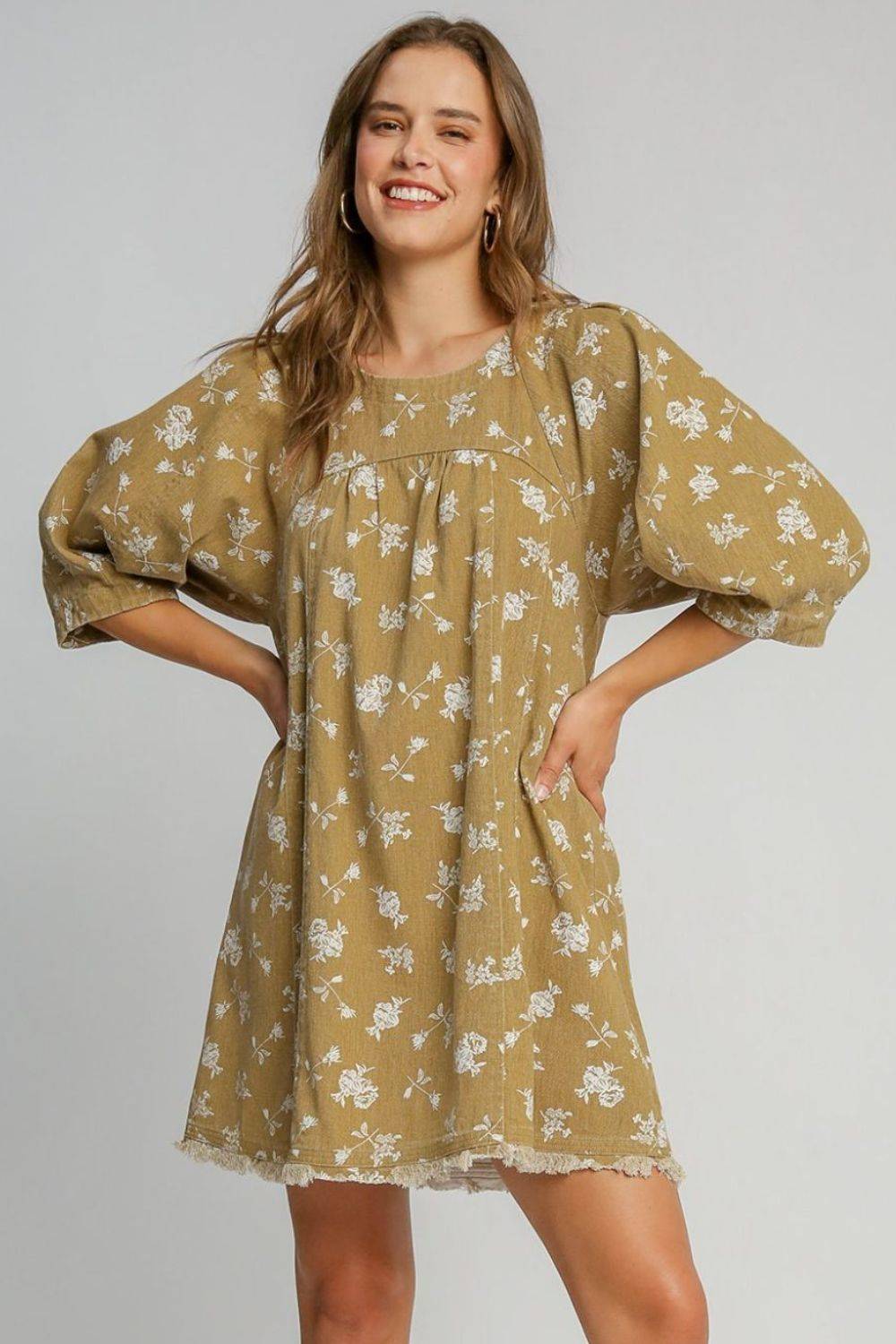 Umgee Raw Hem Floral Print Round Neck Denim Dress - Clothes For Her Online Store