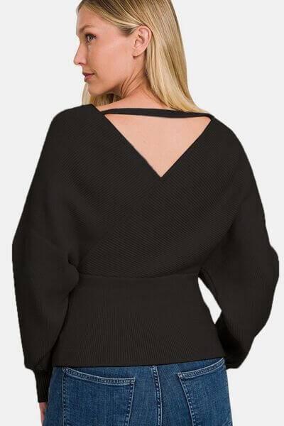 Zenana Cross Wrap Rib Long Sleeve Sweater - Clothes For Her Online Store