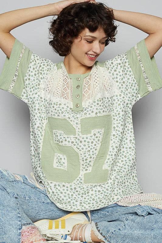 POL Number Floral Crochet Button Detail Half Sleeve Top - Clothes For Her Online Store
