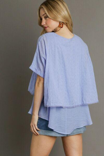 Umgee Full Size Eyelet Layered Short Sleeve Blouse Plus Size - Clothes For Her Online Store
