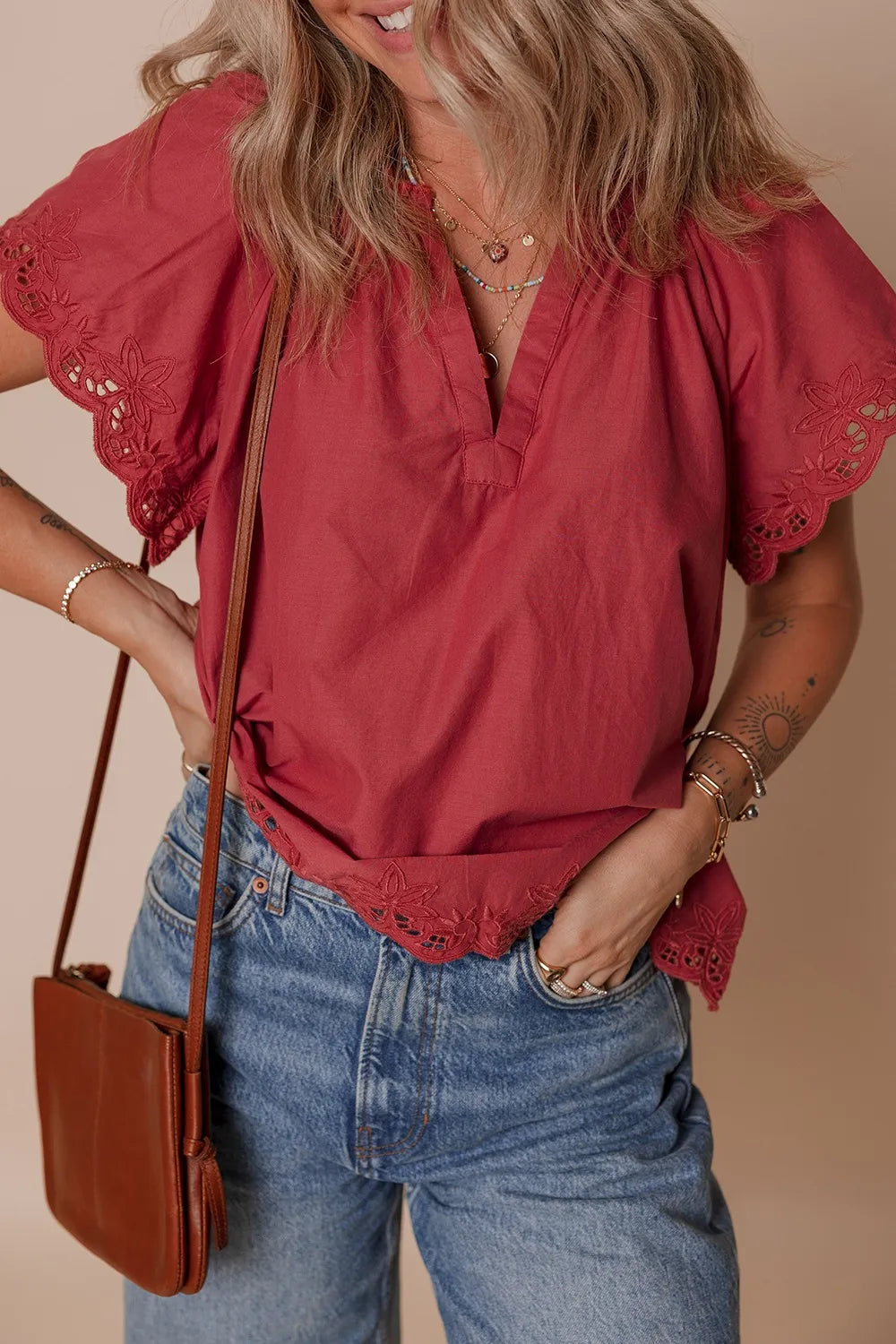 Floral Embroidered Scallop Trim Short Sleeve Notched Blouse