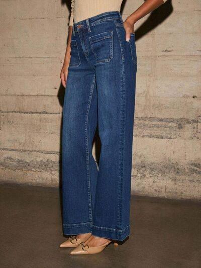 High Rise Front Pocket Patch Wide Leg Jeans - Clothes For Her Online Store