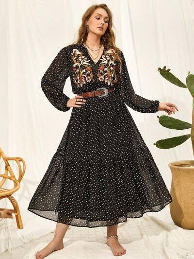 Plus Size Embroidered Tassel Balloon Sleeve Dress - Clothes For Her Online Store
