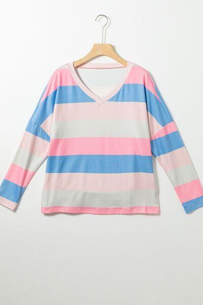 Contrast Striped V Neck Long Sleeve Top - Clothes For Her Online Store
