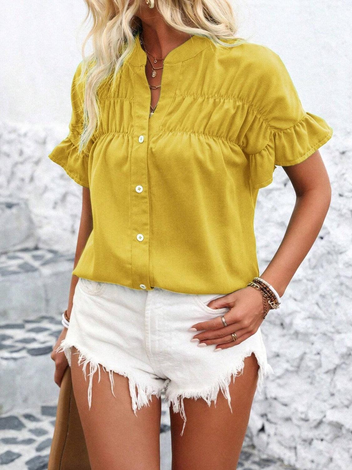 Button Down Ruffled Short Sleeve Shirt - Clothes For Her Online Store