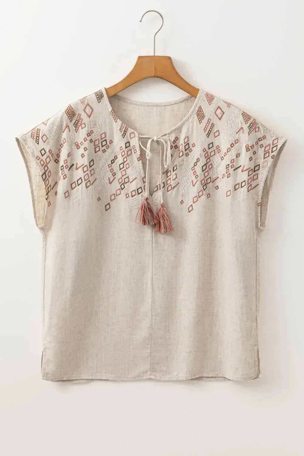 Geometric Embroidered Short Sleeve Tassel Tie Neck Blouse