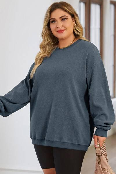Plus Size Round Neck Dropped Shoulder Sweatshirt - Clothes For Her Online Store