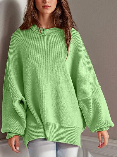 Double Take Side Slit Round Neck Long Sleeve Sweater - Clothes For Her Online Store