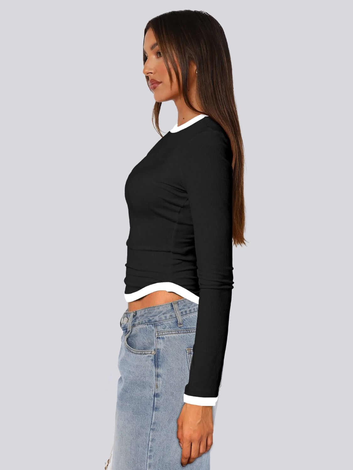 Contrast Trim Round Neck Long Sleeve T-Shirt - Clothes For Her Online Store