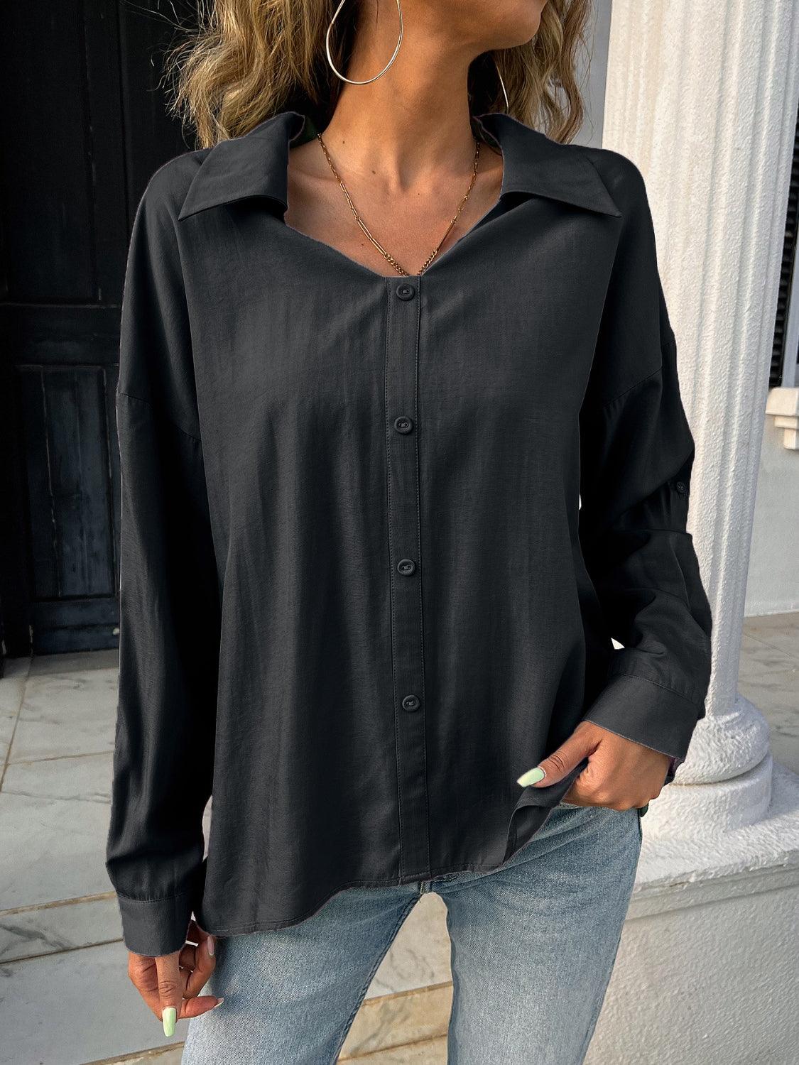 Button Down Collared Neck Long Sleeve Shirt - Clothes For Her Online Store